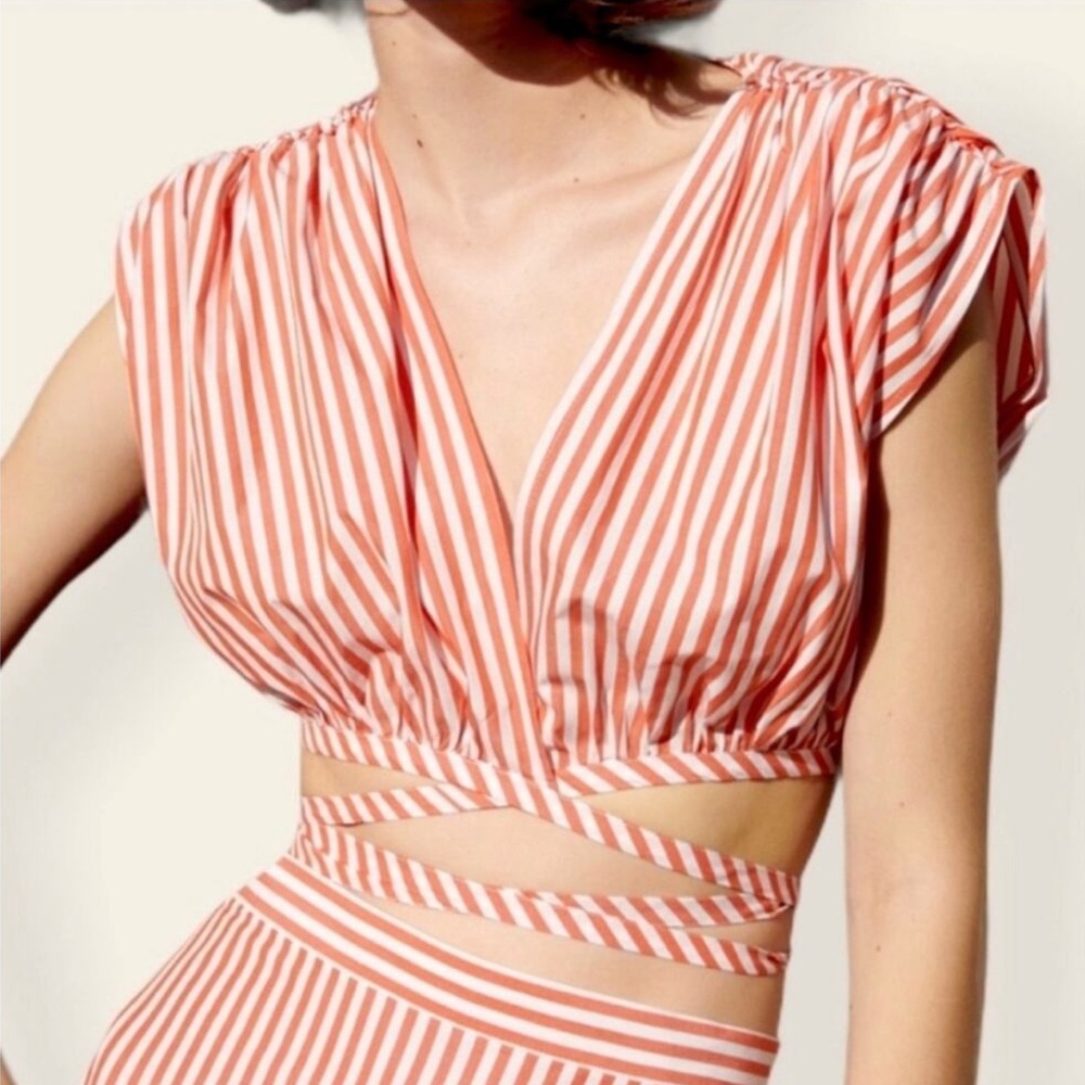 Zara Red/White Striped Poplin Top- Cropped with cross ties, Women’s XS